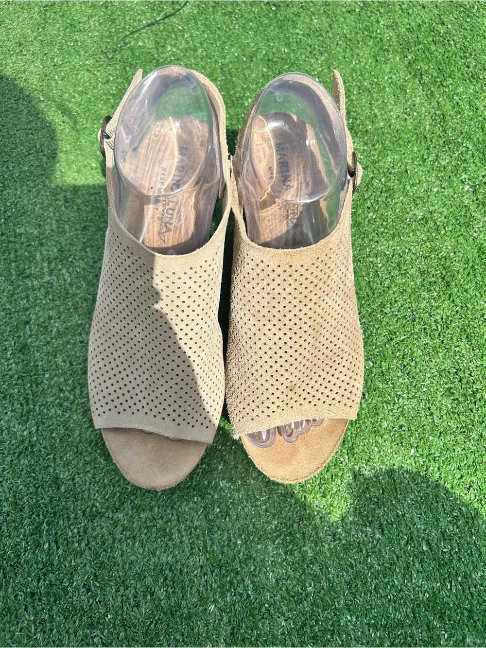 Marina Luna Perforated Open-Toe Slingback Mules — Tan